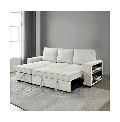 Modern Pull-Out Sofa Bed with Storage Chaise, Usb Charging & Bookshelf Arm, Sleeper Sectional Couch for Small Spaces-Maison Boucle