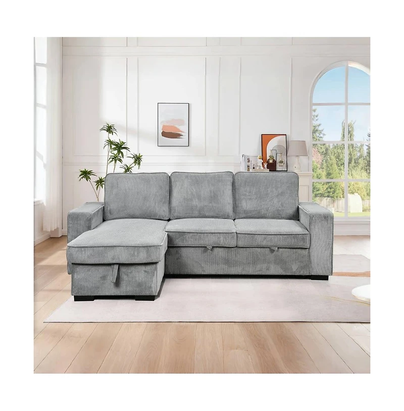 Modern Pull-Out Sofa Bed with Storage Chaise, Usb Charging & Bookshelf Arm, Sleeper Sectional Couch for Small Spaces-Maison Boucle