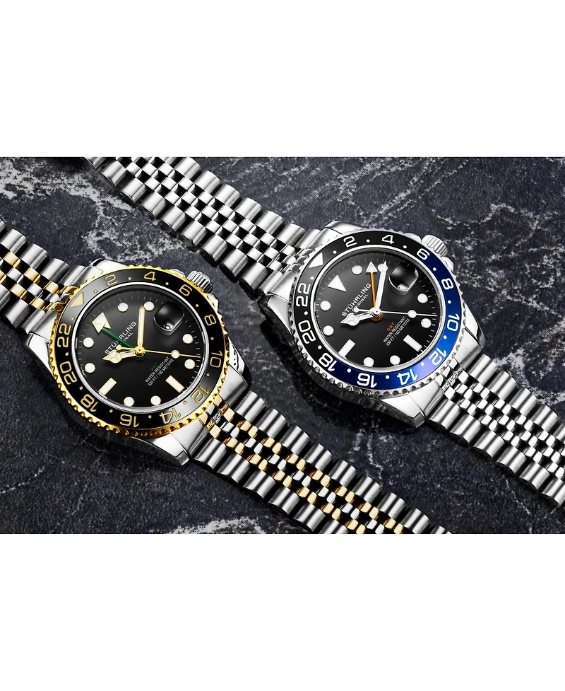 Stuhrling Meridian 3968 Men s Gmt Diver Watch – Quartz Movement, 42mm Stainless Steel Case, Black Dial, Blue/Black Bezel