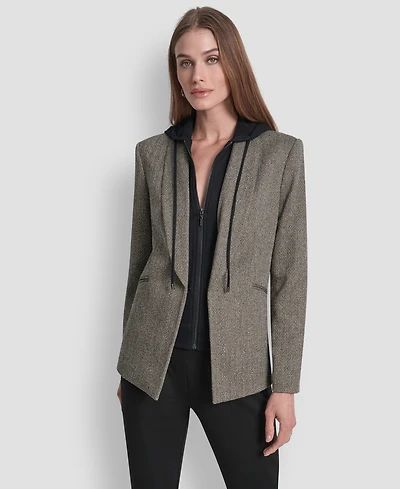 Dkny Petite Herringbone Pattern Fleece Hood Blazer