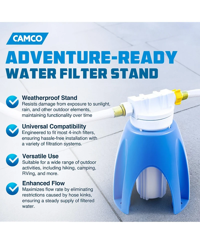 Camco Universal Fit Weatherproof Plastic Water Filter Stand with Stake Holes