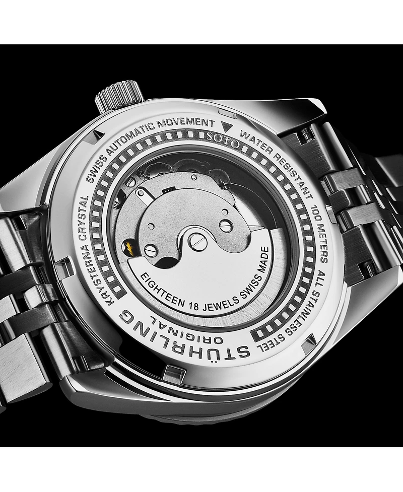 Stuhrling Datemaster Ii Men s Swiss Automatic 42mm Stainless Steel Watch, Silver Dial, Fluted Bezel, Day & Date, 100M Water Resistant