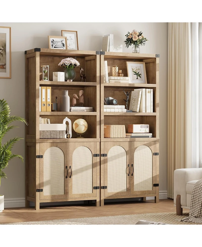Farmhouse Bookshelves with Rattan Doors, 70" Tall Cutlery Shelves with Three Tiers of Open Storage, Floor Standing Display Shelves, Bookcases for Home