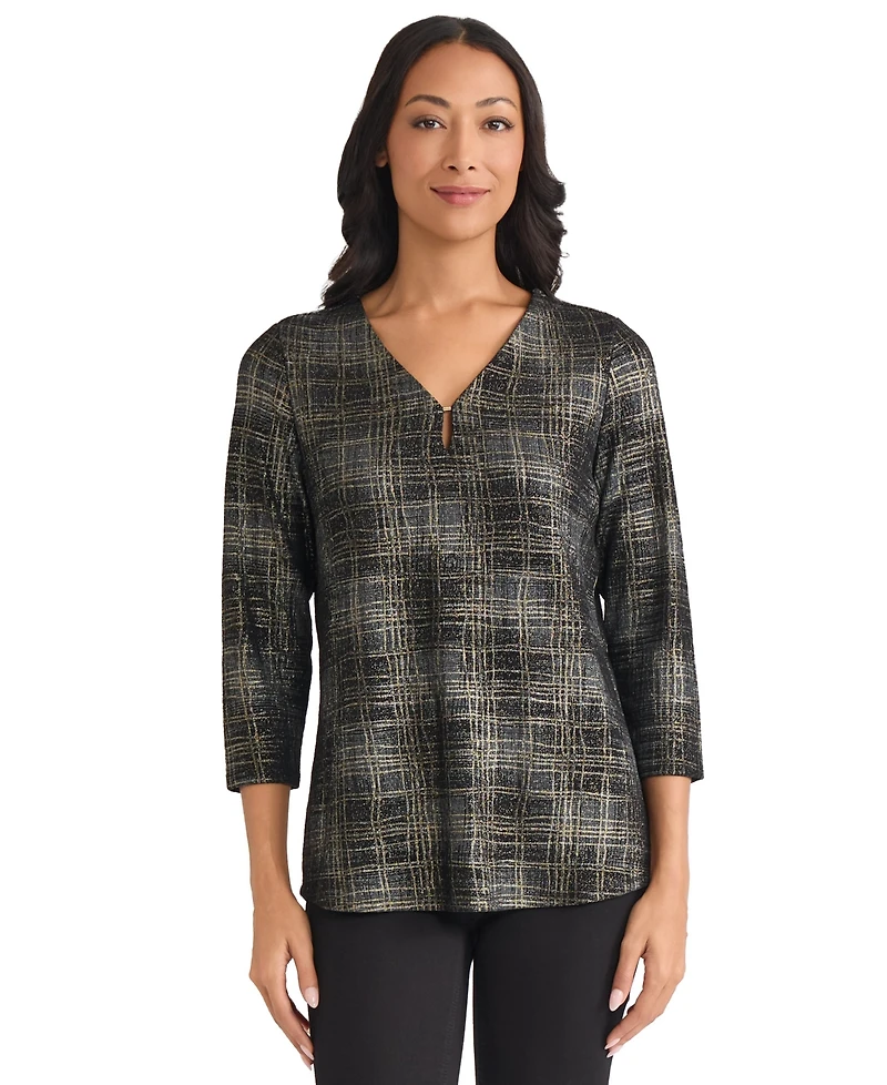 Jones New York Petite Two Tone Keyhole V-Neck Top