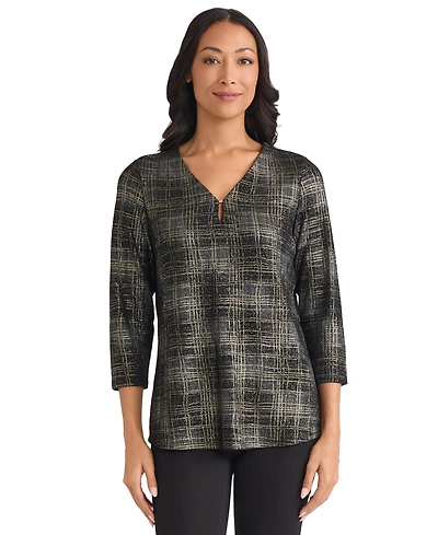 Jones New York Petite Two Tone Keyhole V-Neck Top