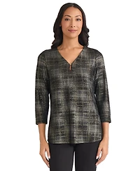 Jones New York Petite Two Tone Keyhole V-Neck Top