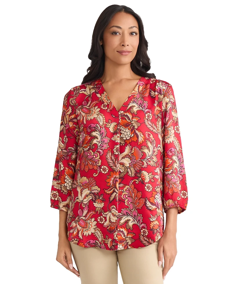 Jones New York Petite Printed Satin Twill V-Neck Top