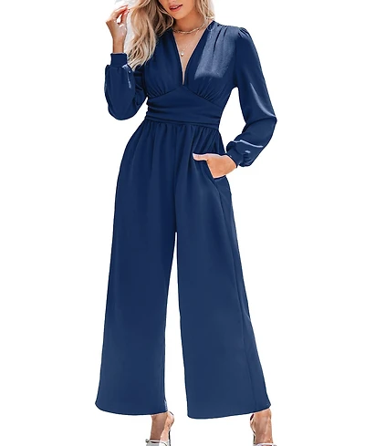 Cupshe Women's Plunging Long Sleeve Wide Leg Jumpsuit
