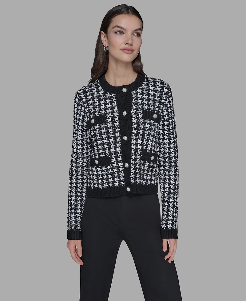 Karl Lagerfeld Paris Women's Houndstooth Long Sleeve Cardigan