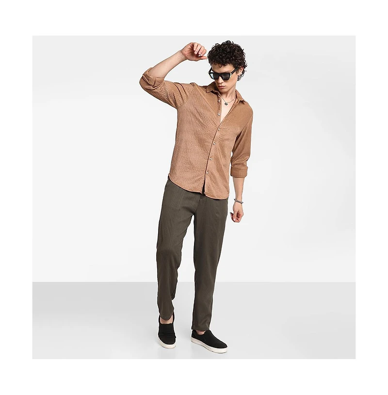 Campus Sutra Men's Camel Beige Solid Creased Shirt