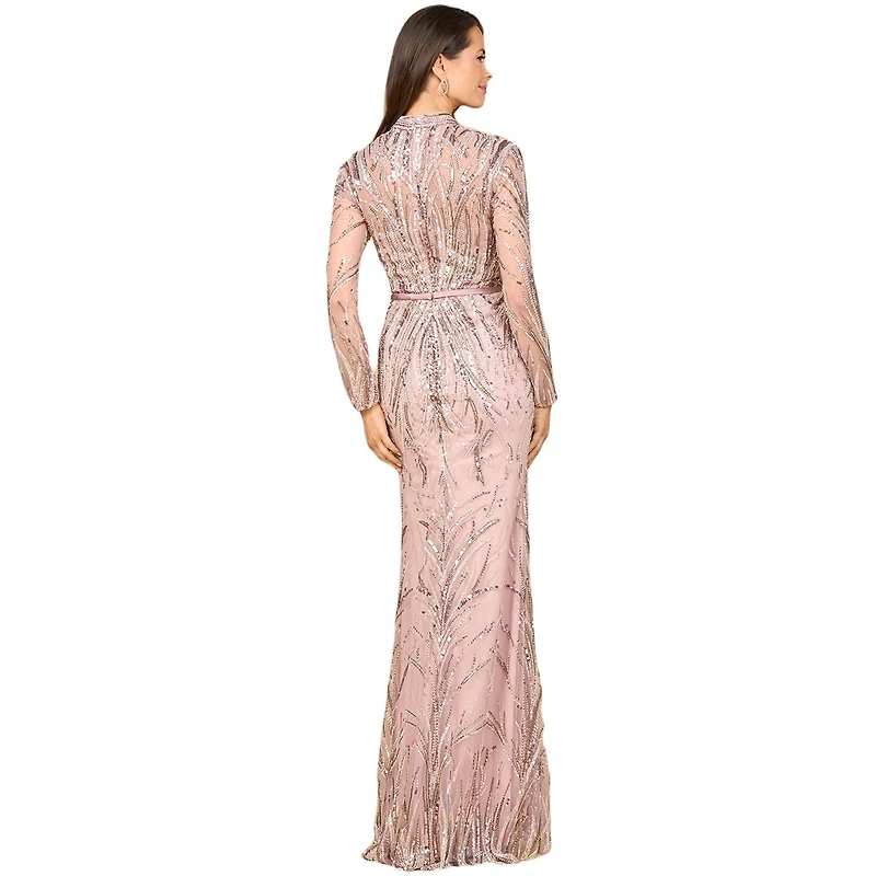 Lara Women's Mandarin V-Neck Gown with Long Sleeves
