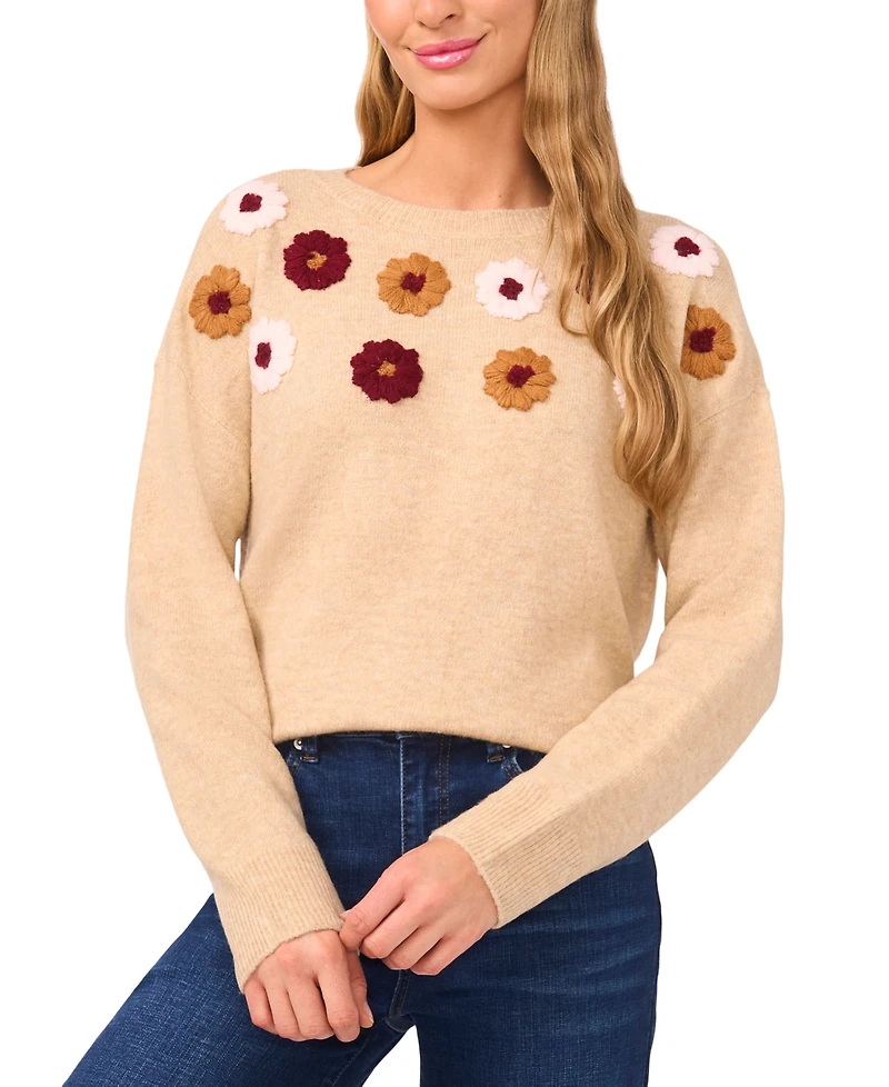 CeCe Women's Multicolor Embroidered Flower Long Sleeves Sweater