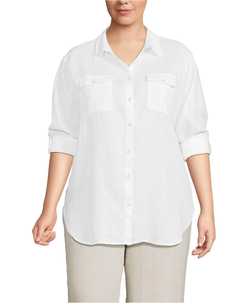 Lands' End Plus Linen Roll Sleeve Relaxed Tunic Top