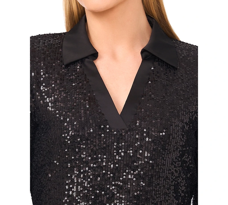 CeCe Women's Sequinned Long Sleeve Polo Top