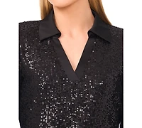 CeCe Women's Sequinned Long Sleeve Polo Top