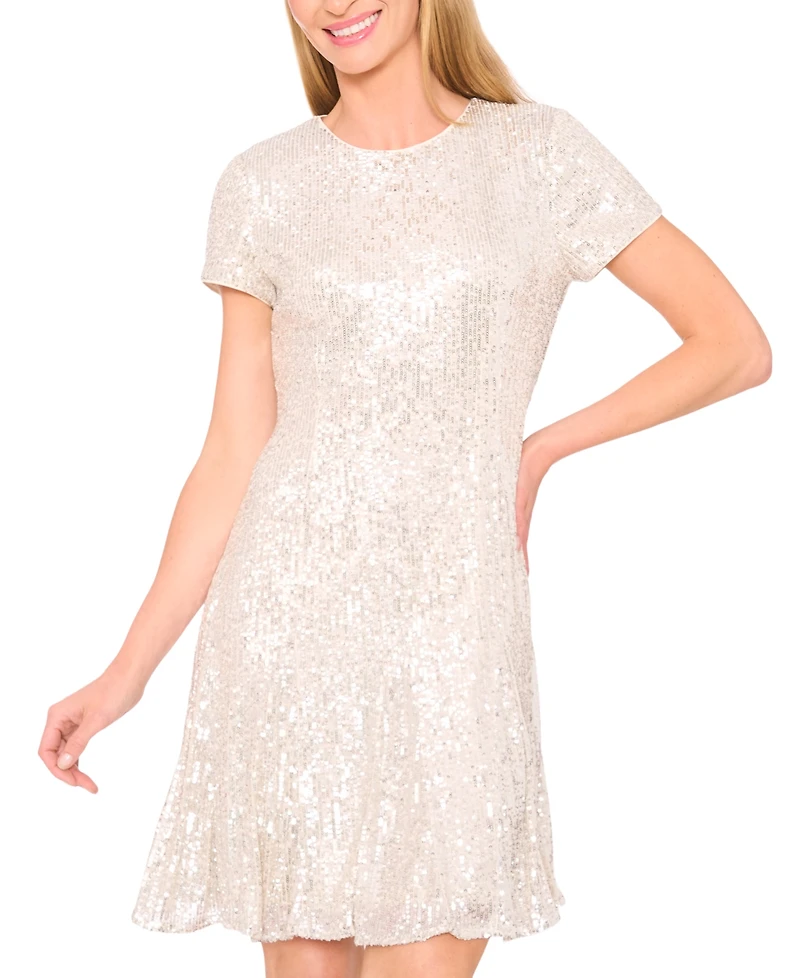 CeCe Women's Short Sleeve Godet Sequin Dress