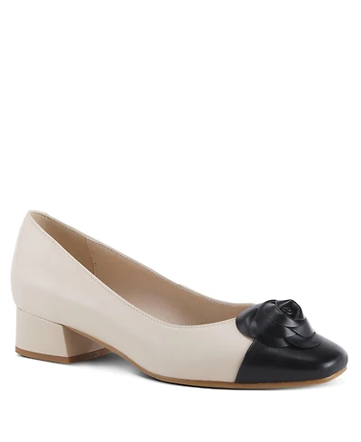Azura Women's Angelinite Leather Slip-On Cap-Toe Shoes with Floral Applique, Cushioned Insole, and Flexible Low Heel – Everyday Comfort