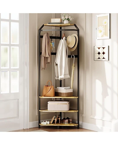 gaomon Corner Coat Rack With Shoe Bench and 6 Double Hooks, Corner Hall Tree