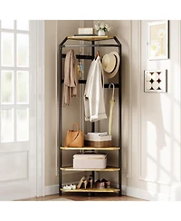 gaomon Corner Coat Rack With Shoe Bench and 6 Double Hooks, Corner Hall Tree