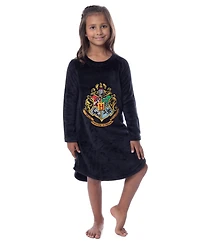 Harry Potter Girls Hogwarts Houses Crest Long-Sleeve Fleece Pajama Nightgown - All