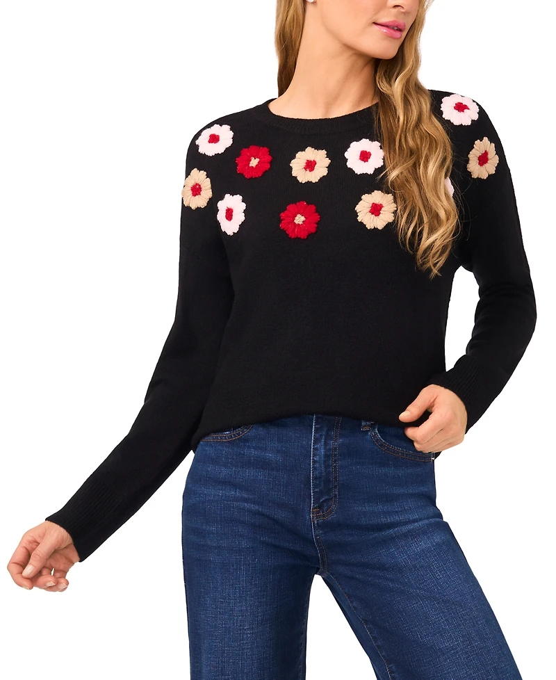 CeCe Women's Multicolor Embroidered Flower Long Sleeves Sweater