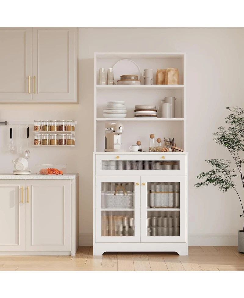 gaomon Kitchen Pantry Cabinet, 62 Inch Freestanding Hutch Cupboard with Large Countertop, Glass Doors, Drawer and Adjustable Shelves, Microwave Cabine
