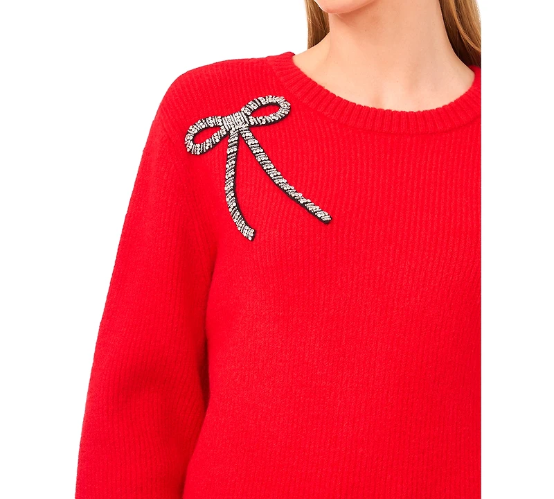 CeCe Women's Oversized Bow Applique Long Sleeves Sweater
