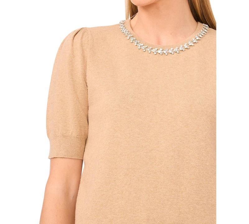 CeCe Women's Embellished Neck Trim Short Sleeve Sweater Top
