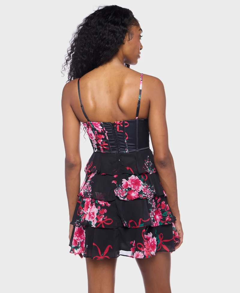 Alex & Sophia Juniors' Tiered Satin Skirt Corset Draped Neck Dress