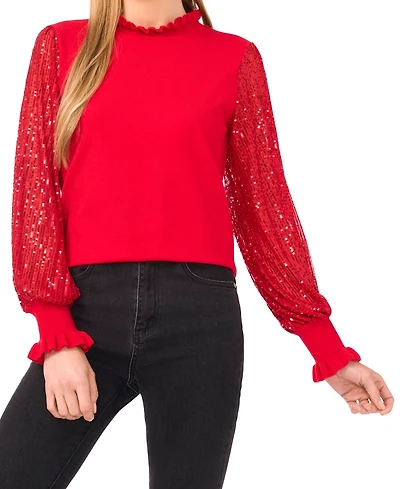 CeCe Women's Ruffle Trim Sequin Long Sleeves Sweater
