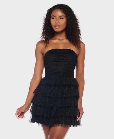 B Darlin Juniors' Strapless Side-Shirred Tiered Glitter Mini Dress