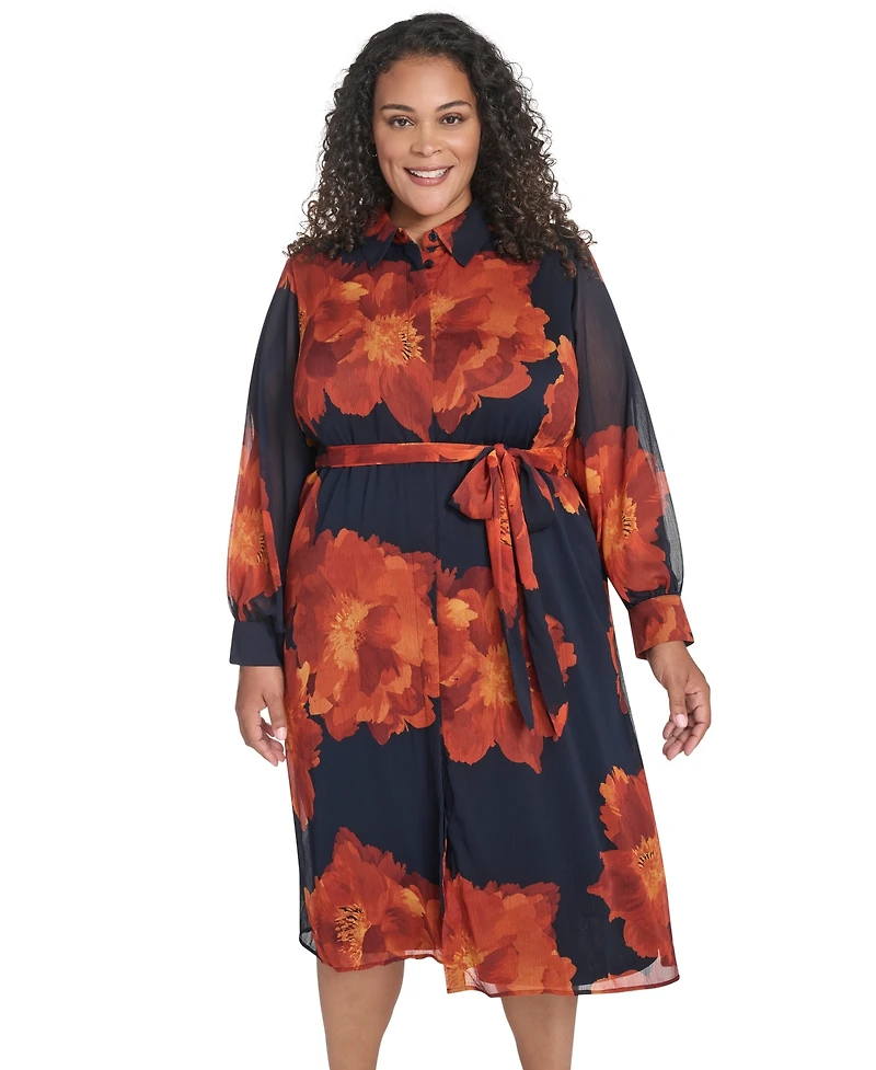Calvin Klein Plus Long-Sleeve Printed Midi Dress
