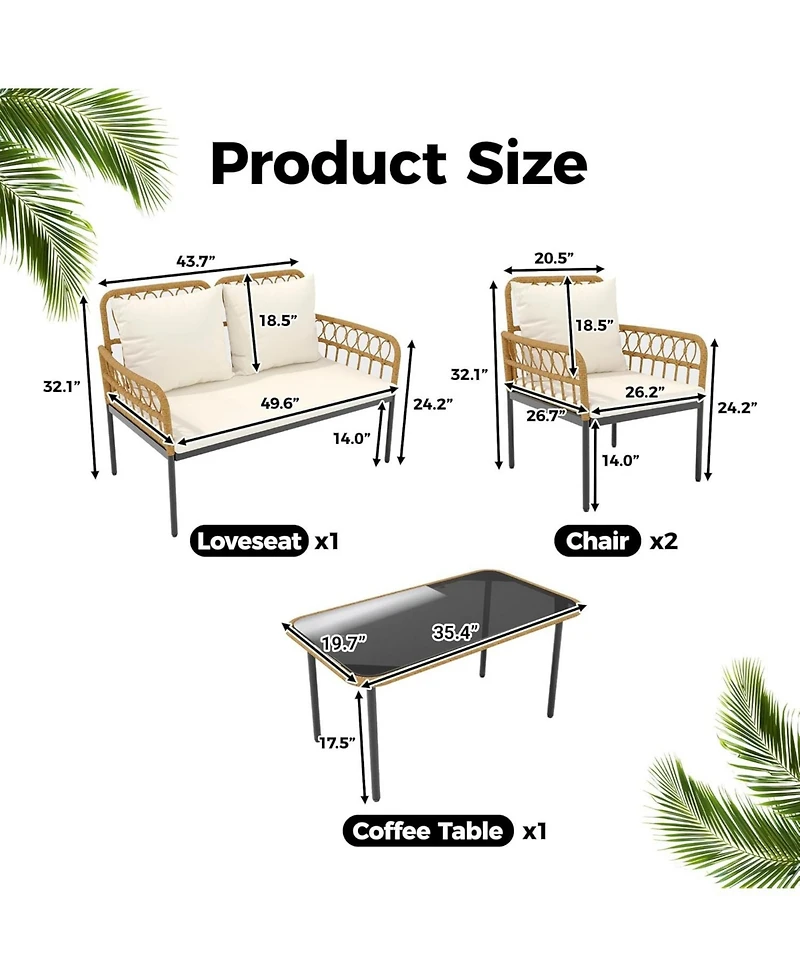gaomon 4 Pieces Patio Furniture Sets Wicker Outdoor Patio Table and Chairs Set with Glass Side Table, Loveseat Chairs, Boho Rattan Conversation Sets f