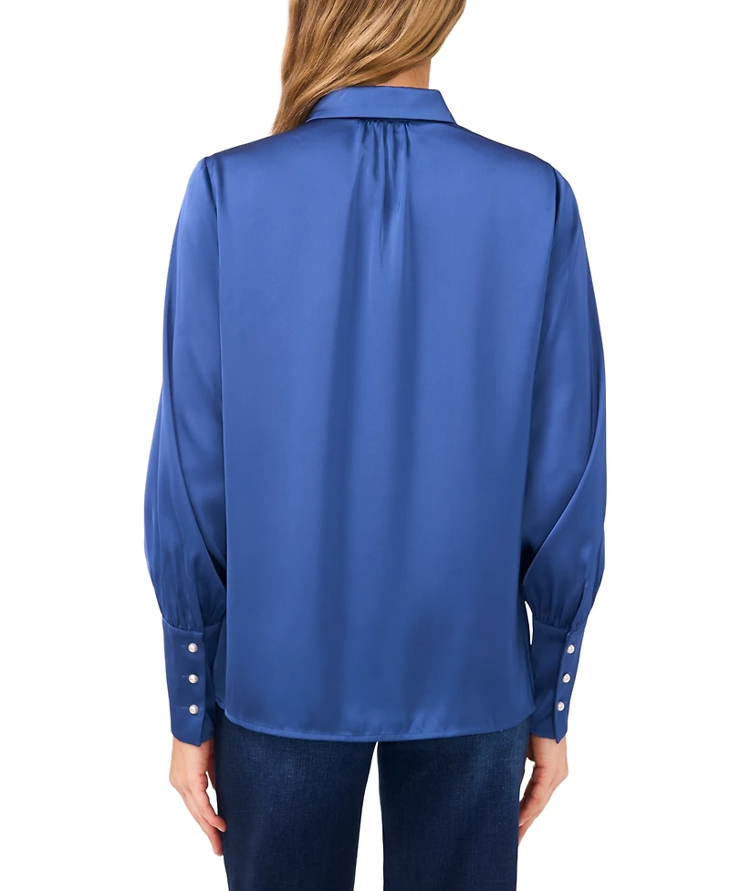 CeCe Women's Luxe Satin Imitation Pearl Button Down Blouse