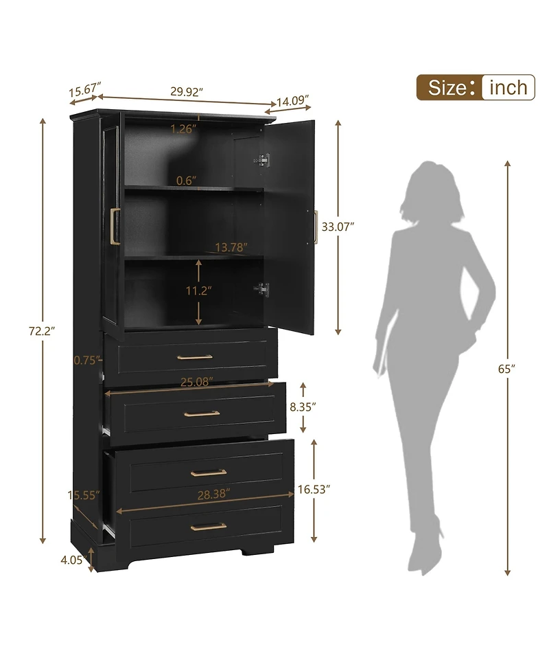 Casainc 72.2" Tall Freestanding Bathroom Cabinet with 3 Drawers, Adjustable Shelf, Soft-Close Doors and Steel Handles