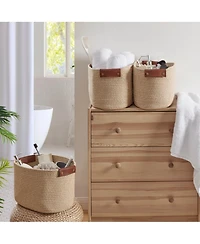 Ornavo Home 3 Pack Cotton Rope Shelf Storage Basket with Faux Leather Handles