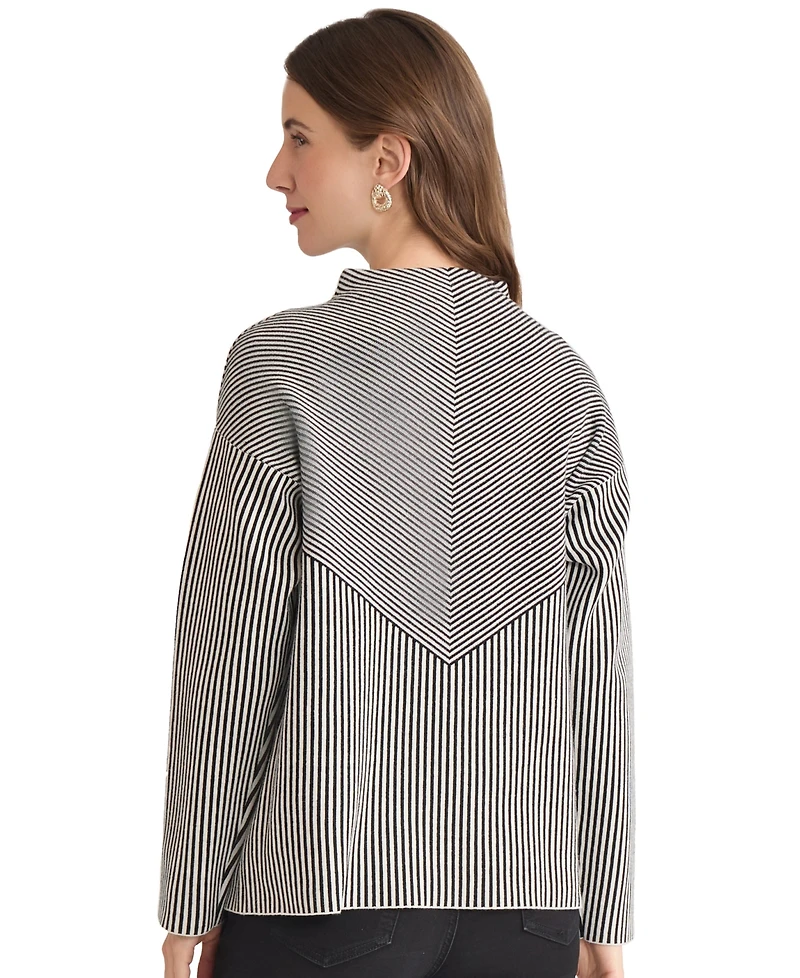 Jones New York Women's Striped Funnel Mock Neck Sweater
