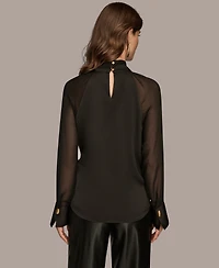 Donna Karan New York Women's High Neck Mix Media Blouse