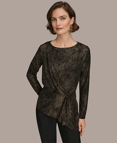 Donna Karan New York Women's Foil Knit Cinch Waist Long Sleeves Top