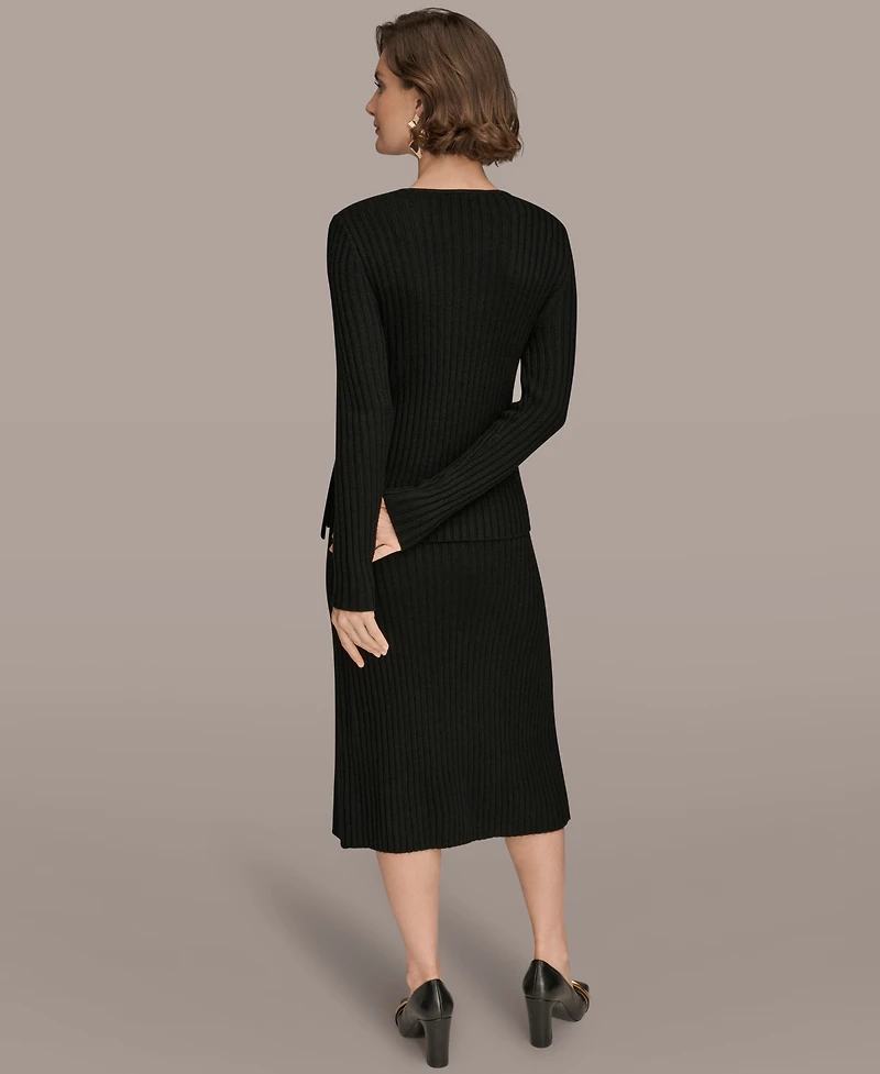 Donna Karan New York Women's Ribbed V-Neck Long Sleeve Sweater