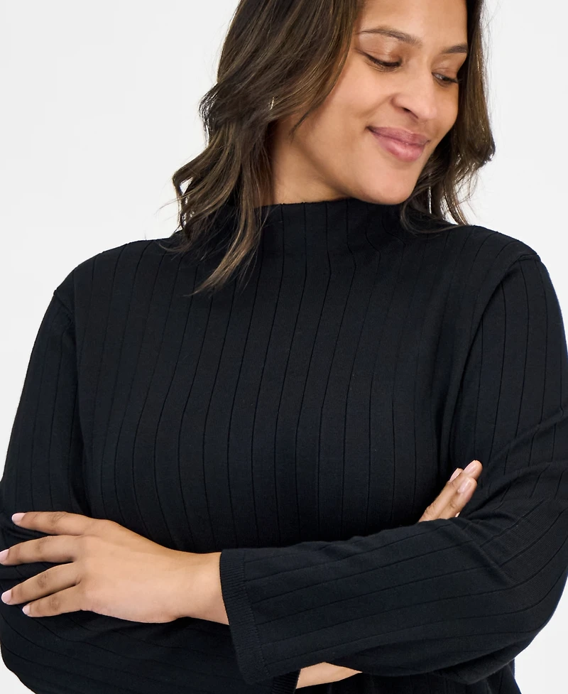 Jones New York Plus Wide Rib Funnel-Neck Sweater