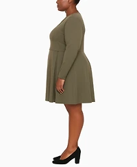 White Mark Plus Classic Long Sleeve Fit and Flare Dress