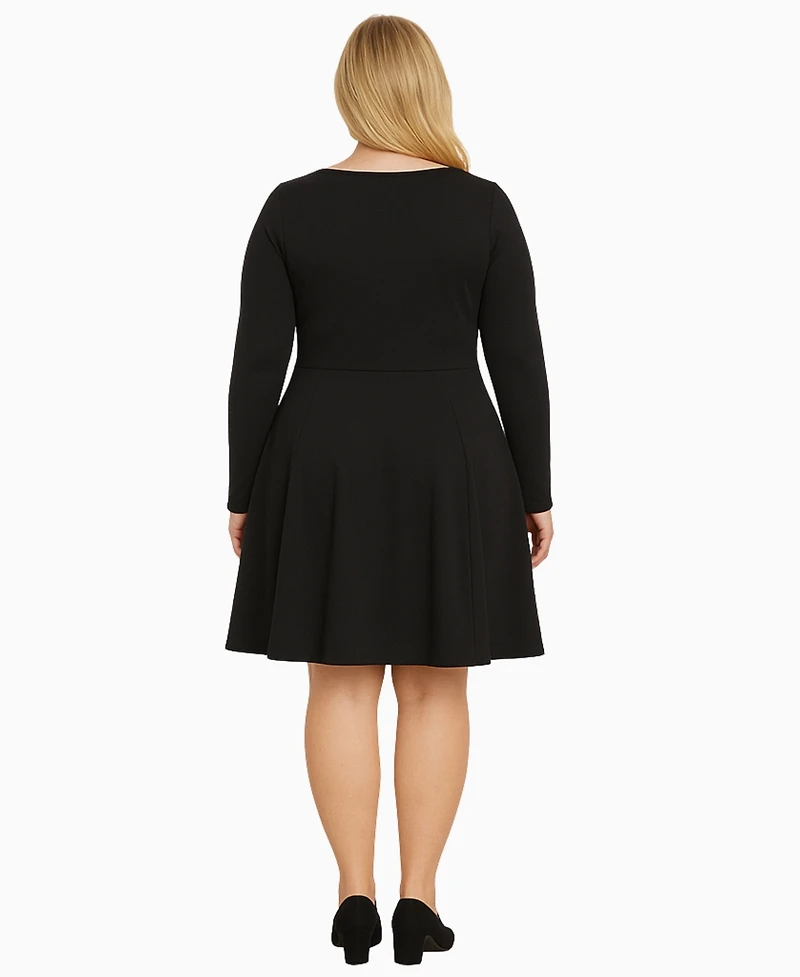 White Mark Plus Classic Long Sleeve Fit and Flare Dress