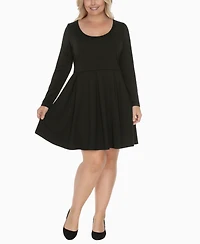 White Mark Plus Classic Long Sleeve Fit and Flare Dress