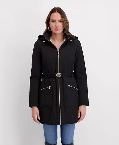 Kensie Women's Hooded, Metal Buckle Belted Softshell with Embossed Panels