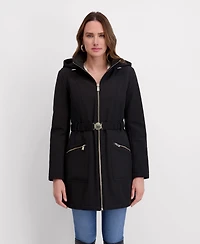 Kensie Women's Hooded, Metal Buckle Belted Softshell with Embossed Panels