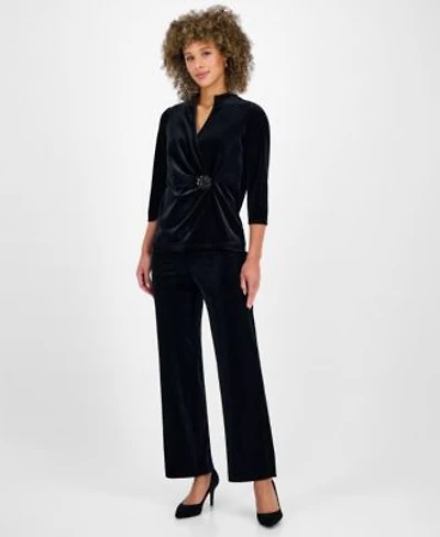 Kasper Womens Velvet Embellished Top Pull On Wide Leg Pants