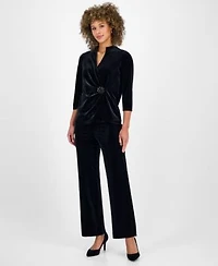 Kasper Womens Velvet Embellished Top Pull On Wide Leg Pants