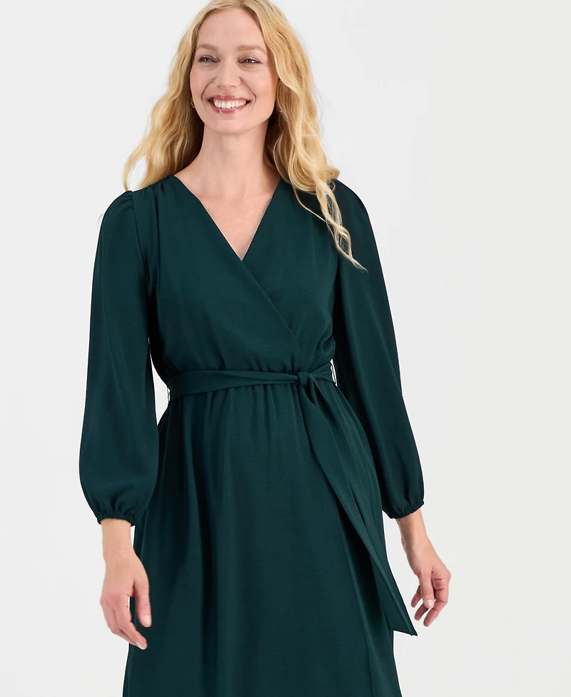 Connected Women's Surplice-Neck Faux-Wrap Long-Sleeve Dress