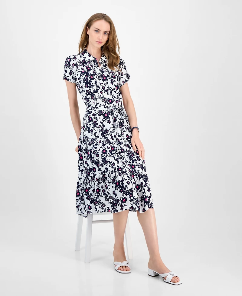 Tommy Hilfiger Women's Floral Belted Tiered Shirtdress